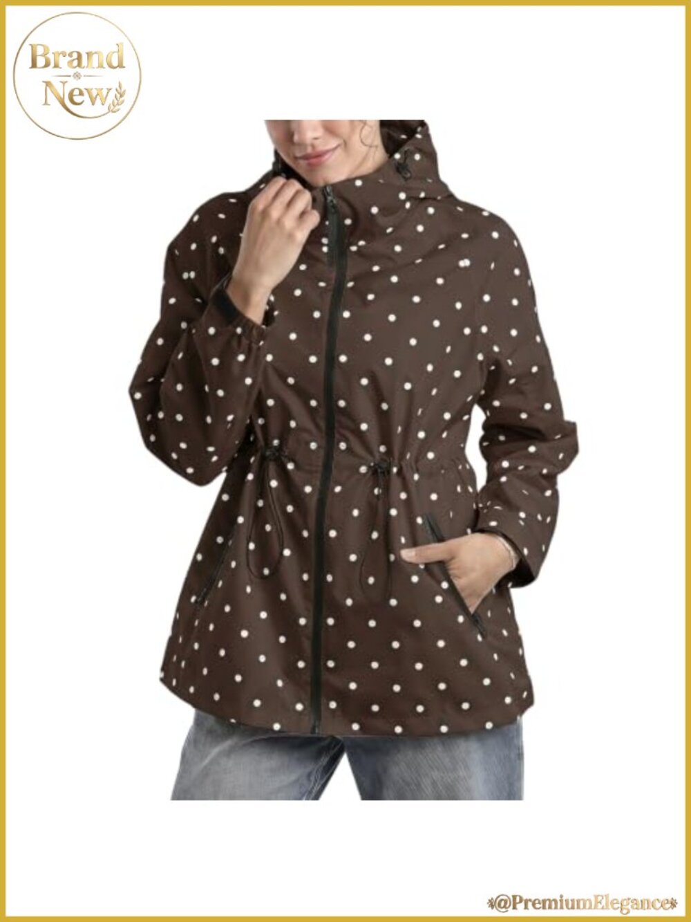 Women Polka Dot Rain Jacket Hooded Zip Up High Neck Raincoat